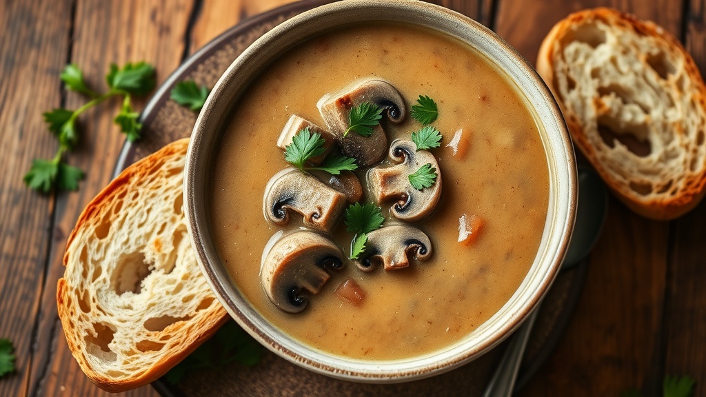 Rich and Creamy Mushroom Soup Recipe A rich bowl of creamy mushroom soup garnished with parsley on a wooden table with crusty bread.